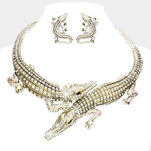 Abalone Crystal Double Alligator Necklace Crocodile Animal Statement Jewelry Set